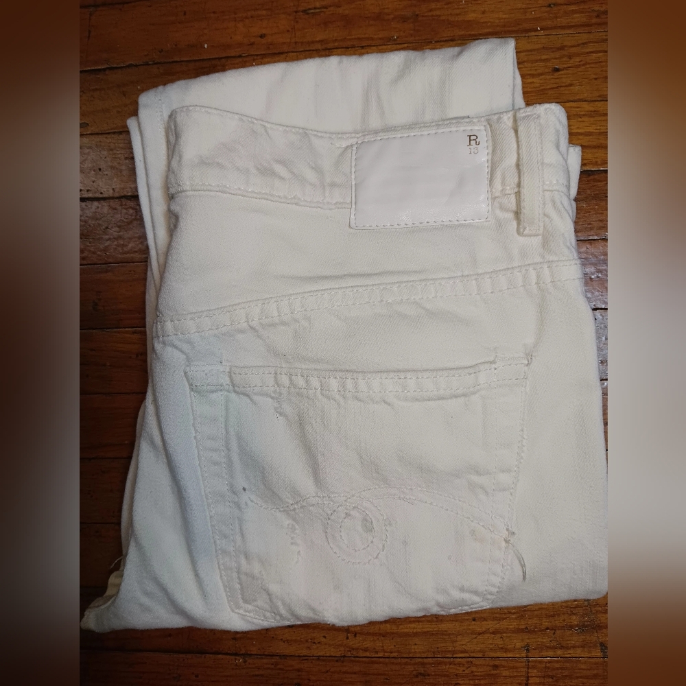 R13 White Distressed Cropped Ankle Jeans